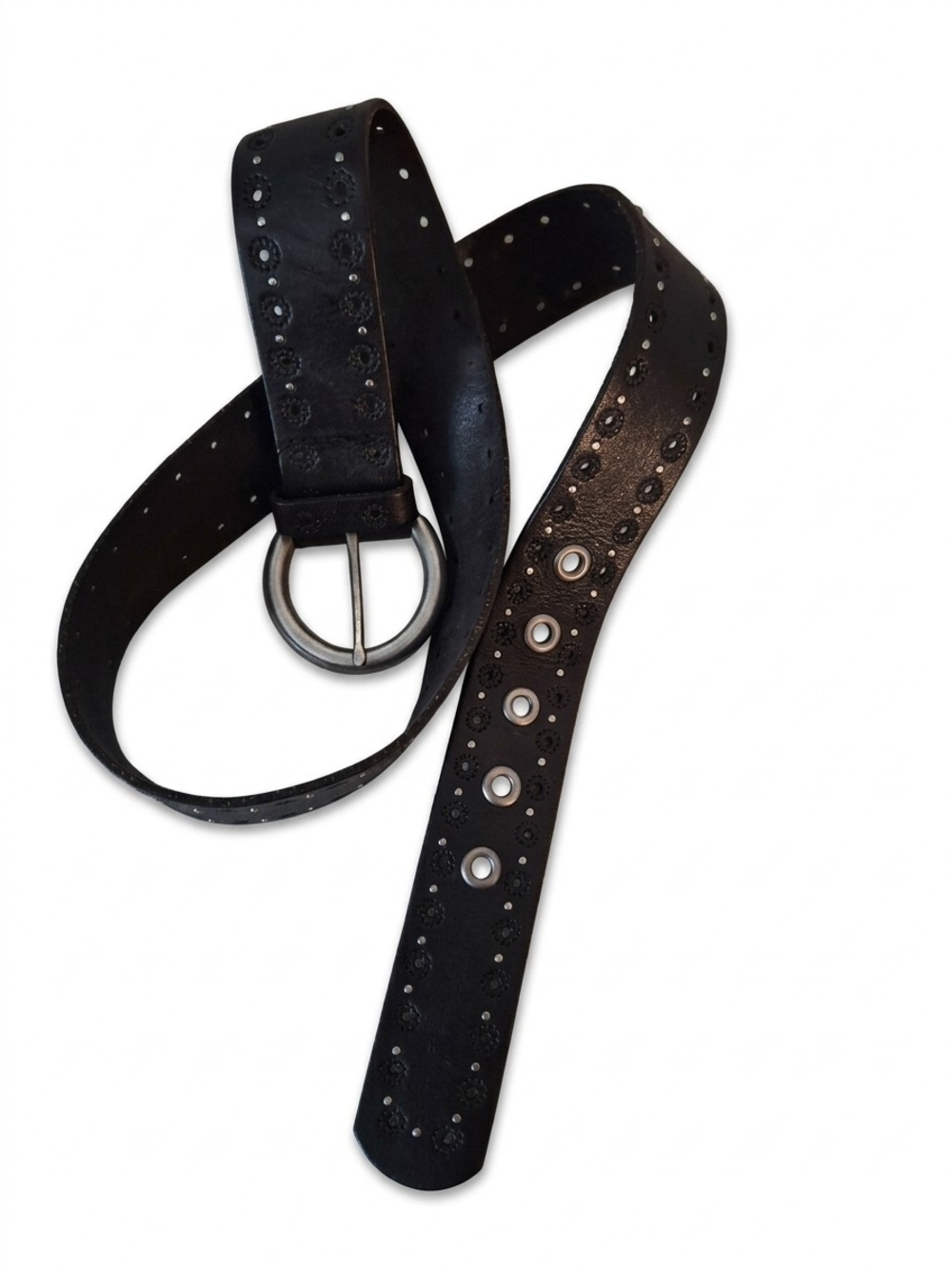 Fossil Black Genuine Leather Grommet Eyelet Studded Belt Size M